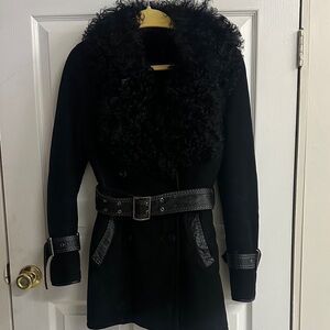 Women's Sheep skin Black Belted Coat with real Fur Collar